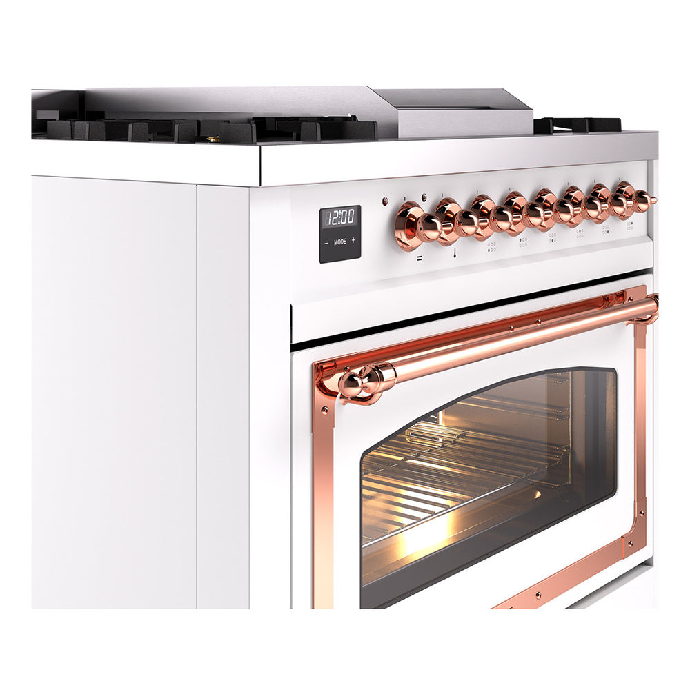 ILVE Nostalgie II Noblesse 36-Inch Natural Gas Dual Fuel Range and Triple Glass Door in White with Copper Trim (UN36FNMPWHP)