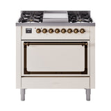ILVE Nostalgie II Noblesse 36-Inch Natural Gas Dual Fuel Range and Solid Door Oven in Antique White with Bronze Trim (UN36FQNMPAWB)