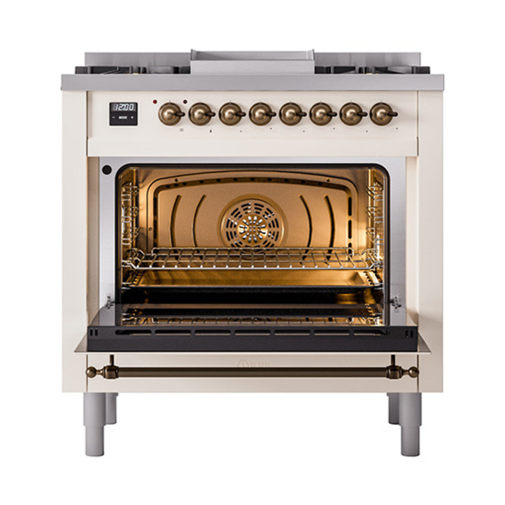 ILVE Nostalgie II Noblesse 36-Inch Natural Gas Dual Fuel Range and Solid Door Oven in Antique White with Bronze Trim (UN36FQNMPAWB)