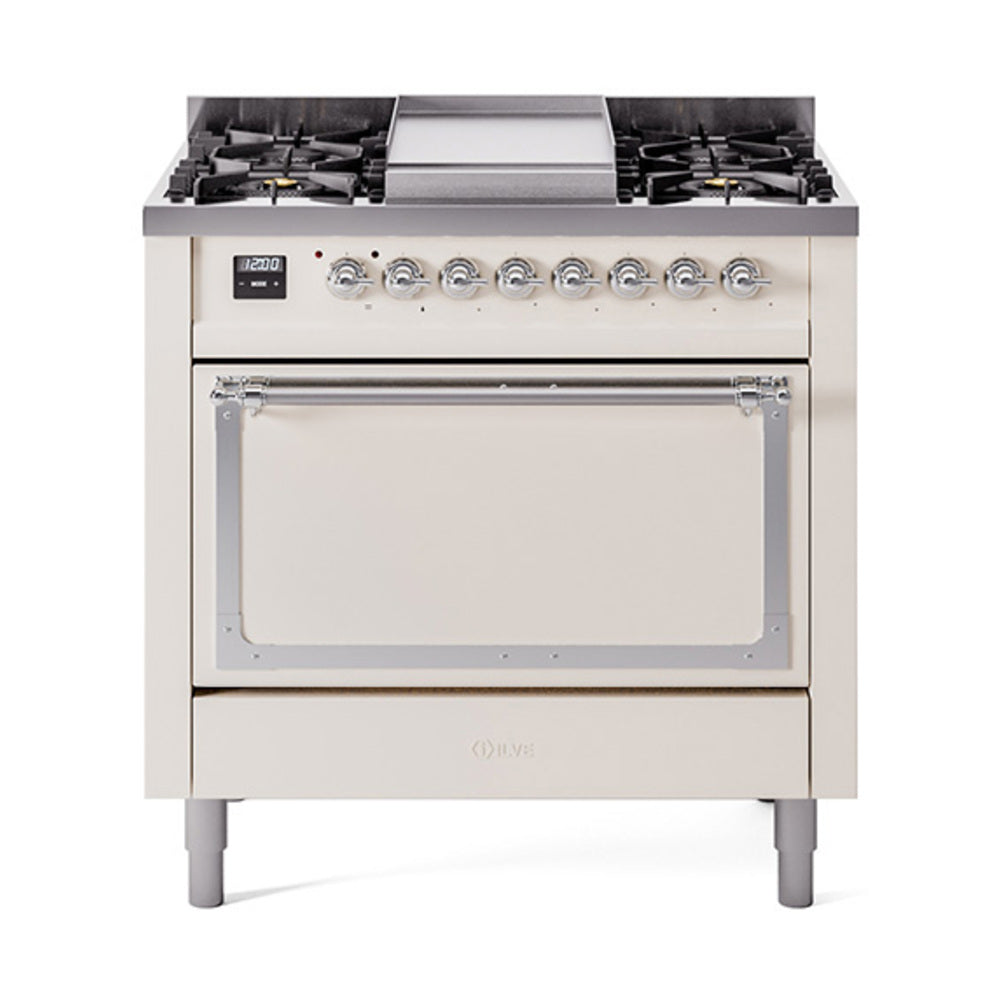 ILVE Nostalgie II Noblesse 36-Inch Natural Gas Dual Fuel Range and Solid Door Oven in Antique White with Chrome Trim (UN36FQNMPAWC)