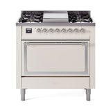 ILVE Nostalgie II Noblesse 36-Inch Natural Gas Dual Fuel Range and Solid Door Oven in Antique White with Chrome Trim (UN36FQNMPAWC)