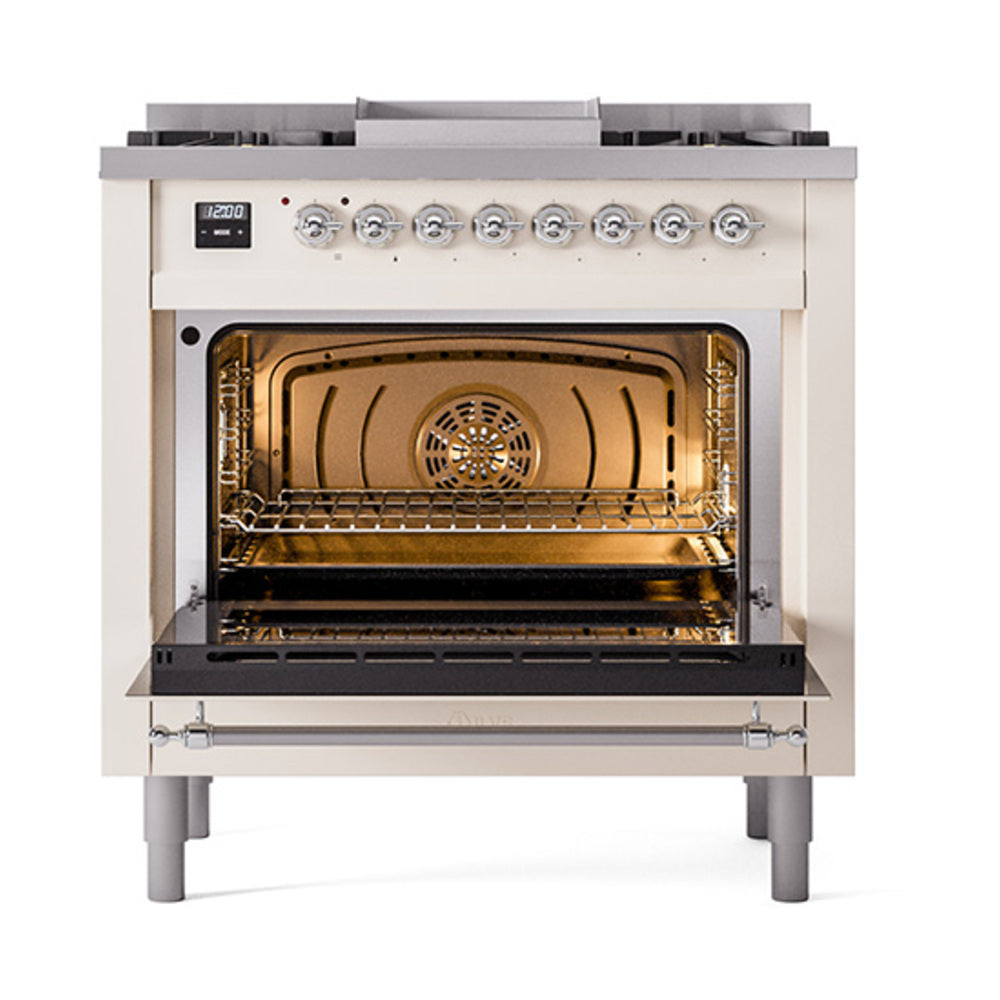 ILVE Nostalgie II Noblesse 36-Inch Natural Gas Dual Fuel Range and Solid Door Oven in Antique White with Chrome Trim (UN36FQNMPAWC)