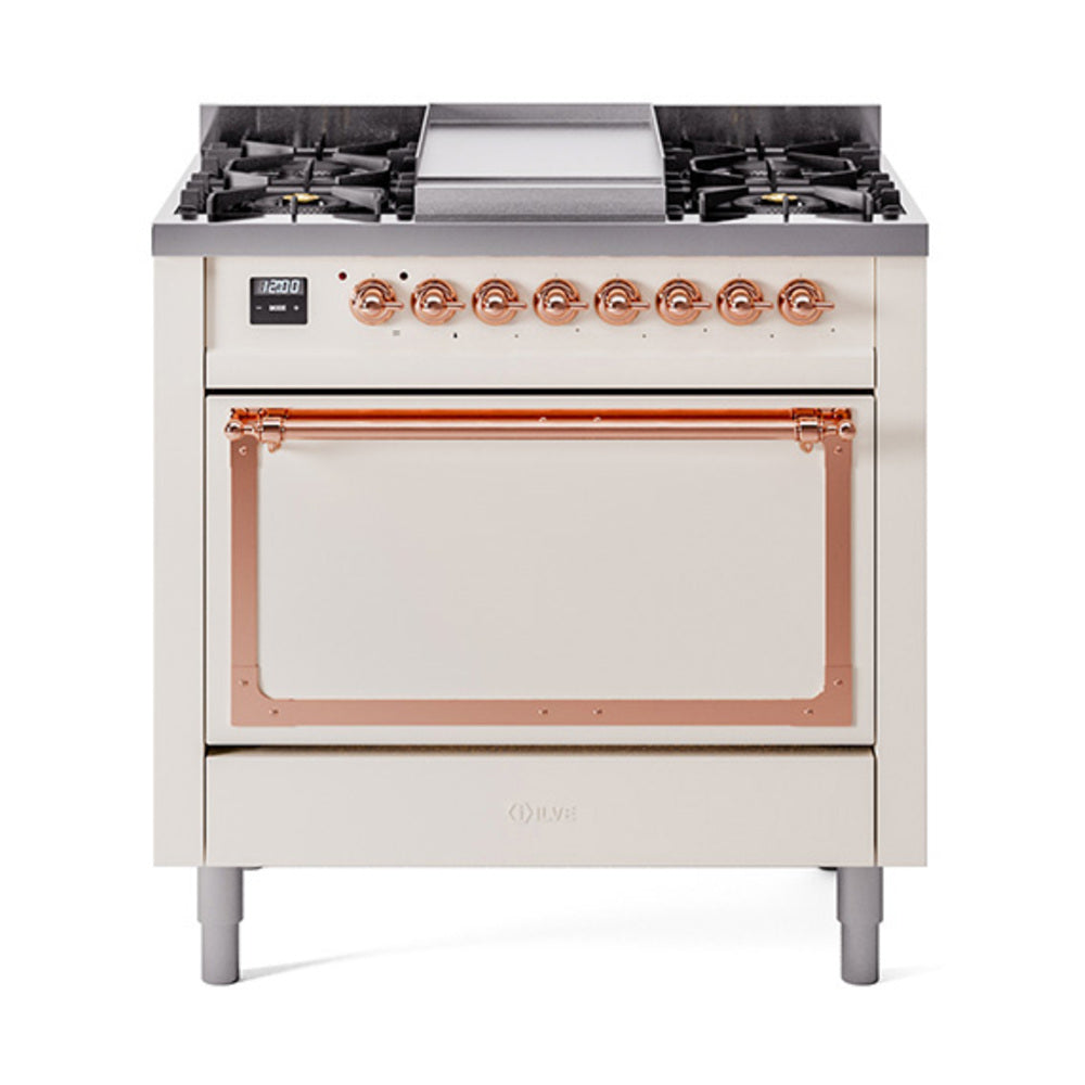 ILVE Nostalgie II Noblesse 36-Inch Natural Gas Dual Fuel Range and Solid Door Oven in Antique White with Copper Trim (UN36FQNMPAWP)
