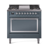 ILVE Nostalgie II Noblesse 36-Inch Natural Gas Dual Fuel Range and Solid Door Oven in Blue Grey with Chrome Trim (UN36FQNMPBGC)