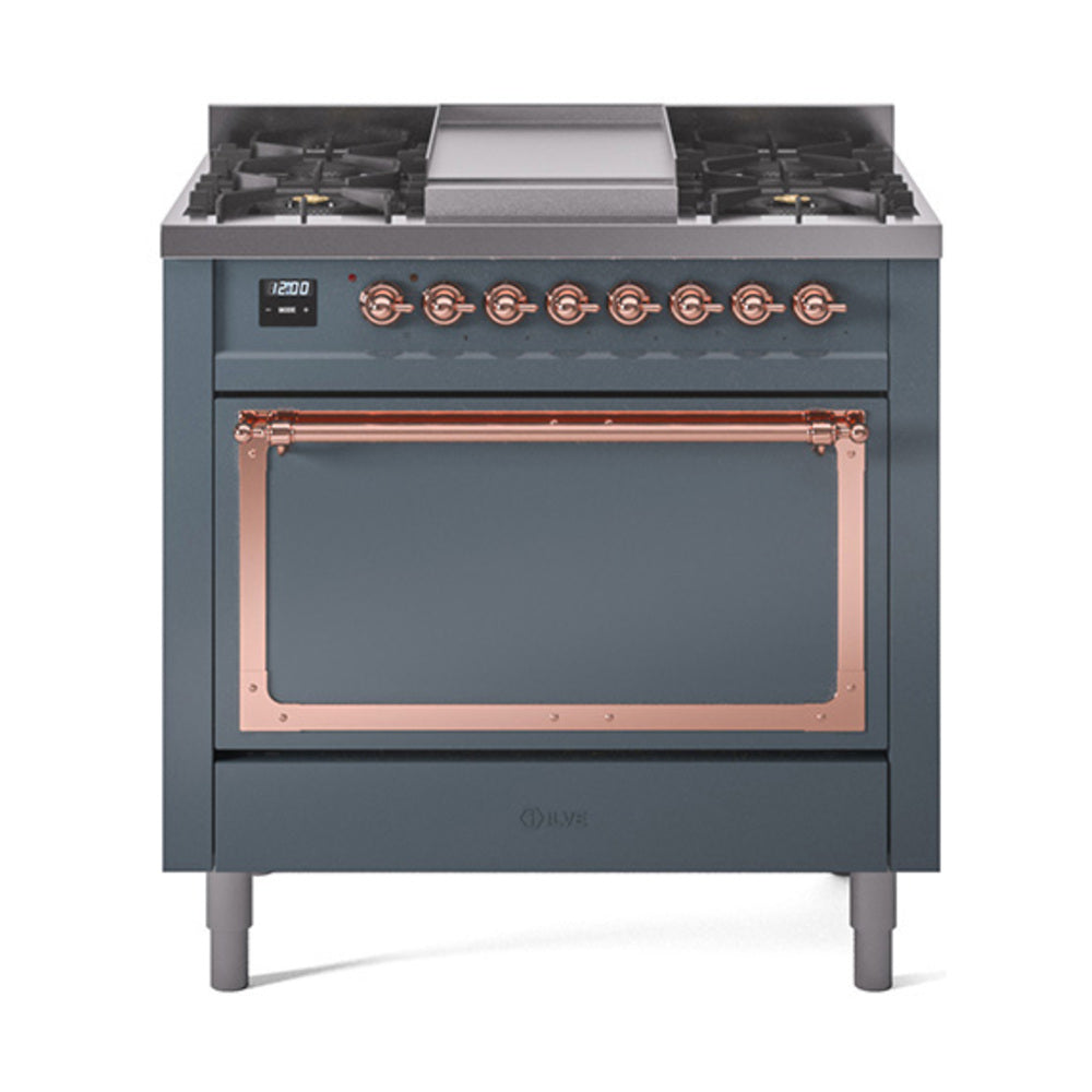 ILVE Nostalgie II Noblesse 36-Inch Natural Gas Dual Fuel Range and Solid Door Oven in Blue Grey with Copper Trim (UN36FQNMPBGP)