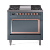 ILVE Nostalgie II Noblesse 36-Inch Propane Gas Dual Fuel Range and Solid Door Oven in Blue Grey with Copper Trim (UN36FQNMPBGPLP)