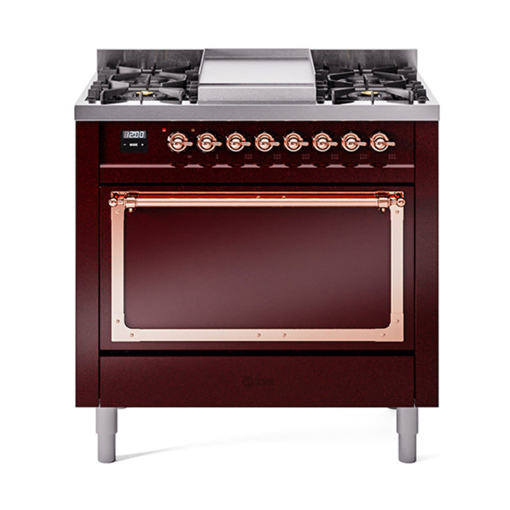 ILVE Nostalgie II Noblesse 36-Inch Natural Gas Dual Fuel Range and Solid Door Oven in Burgundy with Copper Trim (UN36FQNMPBUP)