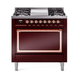 ILVE Nostalgie II Noblesse 36-Inch Natural Gas Dual Fuel Range and Solid Door Oven in Burgundy with Copper Trim (UN36FQNMPBUP)