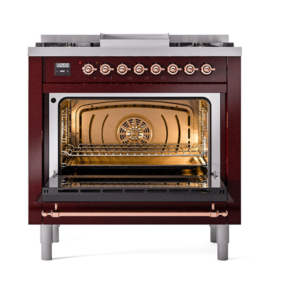 ILVE Nostalgie II Noblesse 36-Inch Natural Gas Dual Fuel Range and Solid Door Oven in Burgundy with Copper Trim (UN36FQNMPBUP)