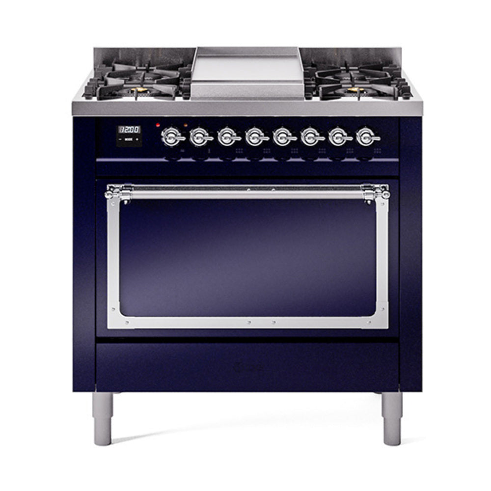 ILVE Nostalgie II Noblesse 36-Inch Propane Gas Dual Fuel Range and Solid Door Oven in Midnight Blue with Chrome Trim (UN36FQNMPMBCLP)