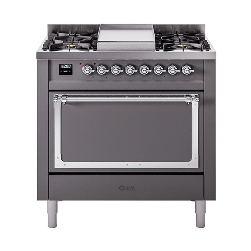 ILVE Nostalgie II Noblesse 36-Inch Propane Gas Dual Fuel Range and Solid Door Oven in Matte Graphite with Chrome Trim (UN36FQNMPMGCLP)
