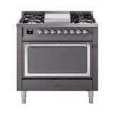 ILVE Nostalgie II Noblesse 36-Inch Natural Gas Dual Fuel Range and Solid Door Oven in Matte Graphite with Chrome Trim (UN36FQNMPMGC)