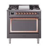 ILVE Nostalgie II Noblesse 36-Inch Propane Gas Dual Fuel Range and Solid Door Oven in Matte Graphite with Copper Trim (UN36FQNMPMGPLP)