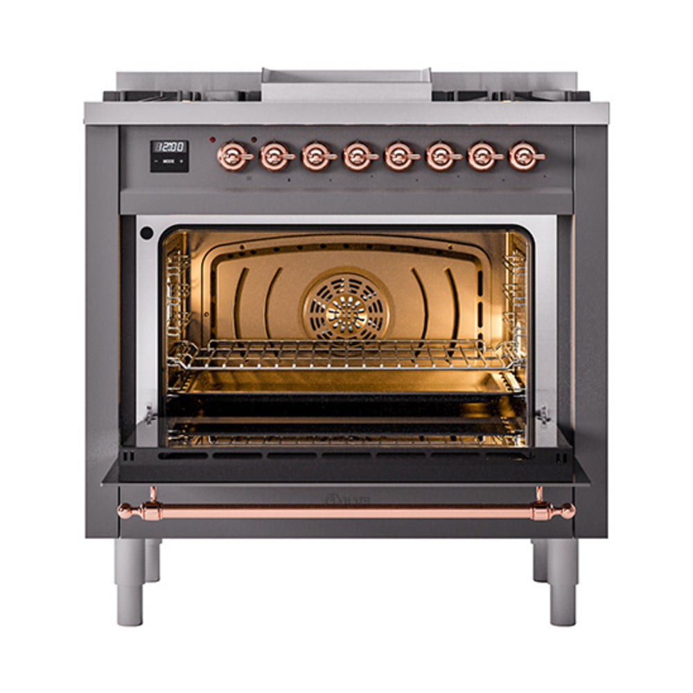 ILVE Nostalgie II Noblesse 36-Inch Natural Gas Dual Fuel Range and Solid Door Oven in Matte Graphite with Copper Trim (UN36FQNMPMGP)