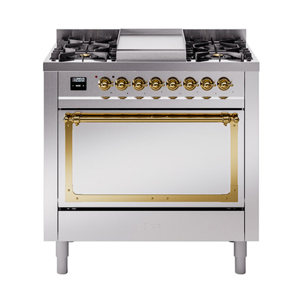ILVE Nostalgie II Noblesse 36-Inch Propane Gas Dual Fuel Range and Solid Door Oven in Stainless Steel with Brass Trim (UN36FQNMPSSGLP)