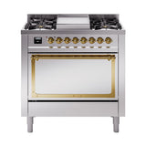 ILVE Nostalgie II Noblesse 36-Inch Propane Gas Dual Fuel Range and Solid Door Oven in Stainless Steel with Brass Trim (UN36FQNMPSSGLP)