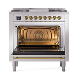 ILVE Nostalgie II Noblesse 36-Inch Natural Gas Dual Fuel Range and Solid Door Oven in Stainless Steel with Brass Trim (UN36FQNMPSSG)