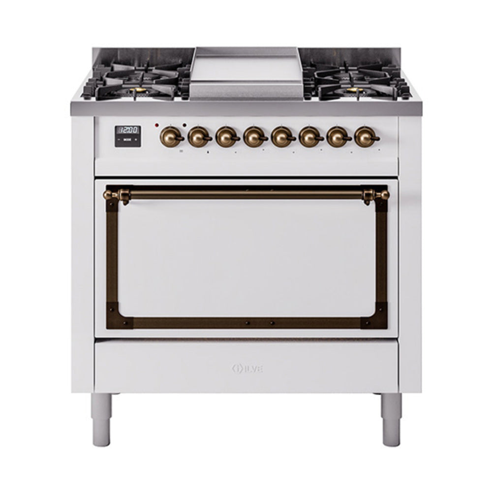 ILVE Nostalgie II Noblesse 36-Inch Propane Gas Dual Fuel Range and Solid Door Oven in White with Bronze Trim (UN36FQNMPWHBLP)