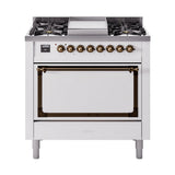 ILVE Nostalgie II Noblesse 36-Inch Propane Gas Dual Fuel Range and Solid Door Oven in White with Bronze Trim (UN36FQNMPWHBLP)