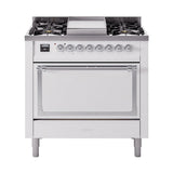 ILVE Nostalgie II Noblesse 36-Inch Natural Gas Dual Fuel Range and Solid Door Oven in White with Chrome Trim (UN36FQNMPWHC)