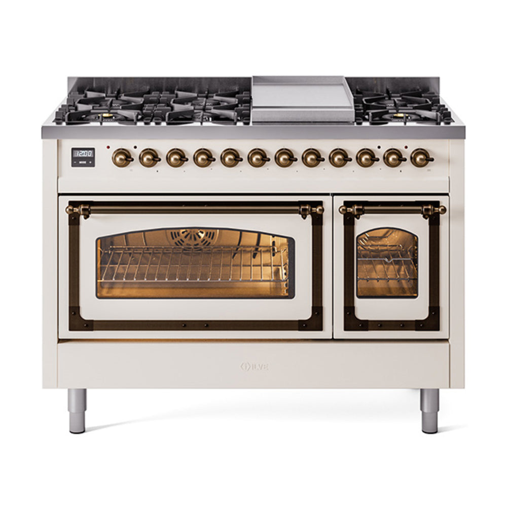 ILVE Nostalgie II Noblesse 48-Inch Freestanding Natural Gas Dual Fuel Range in Antique White with Bronze Trim (UN48FNMPAWB)