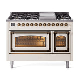 ILVE Nostalgie II Noblesse 48-Inch Freestanding Natural Gas Dual Fuel Range in Antique White with Bronze Trim (UN48FNMPAWB)