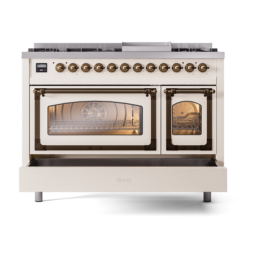 ILVE Nostalgie II Noblesse 48-Inch Freestanding Natural Gas Dual Fuel Range in Antique White with Bronze Trim (UN48FNMPAWB)