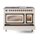 ILVE Nostalgie II Noblesse 48-Inch Freestanding Natural Gas Dual Fuel Range in Antique White with Bronze Trim (UN48FNMPAWB)