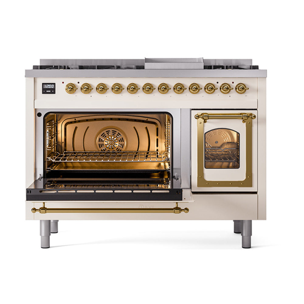 ILVE Nostalgie II Noblesse 48-Inch Dual Fuel Freestanding Range in Antique White with Brass Trim (UN48FNMPAWGLP)