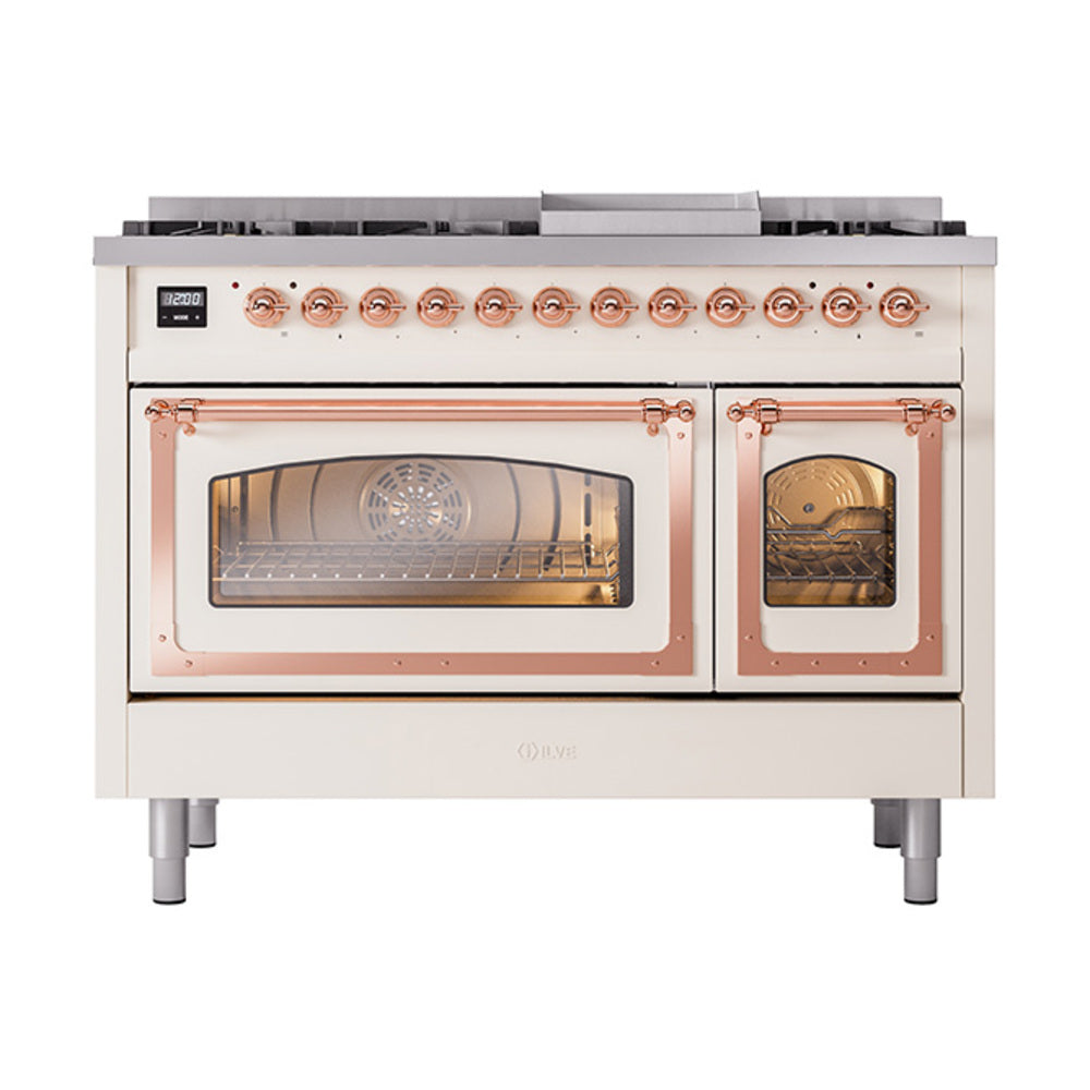 ILVE Nostalgie II Noblesse 48-Inch Freestanding Natural Gas Dual Fuel Range in Antique White with Copper Trim (UN48FNMPAWP)