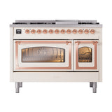 ILVE Nostalgie II Noblesse 48-Inch Freestanding Natural Gas Dual Fuel Range in Antique White with Copper Trim (UN48FNMPAWP)