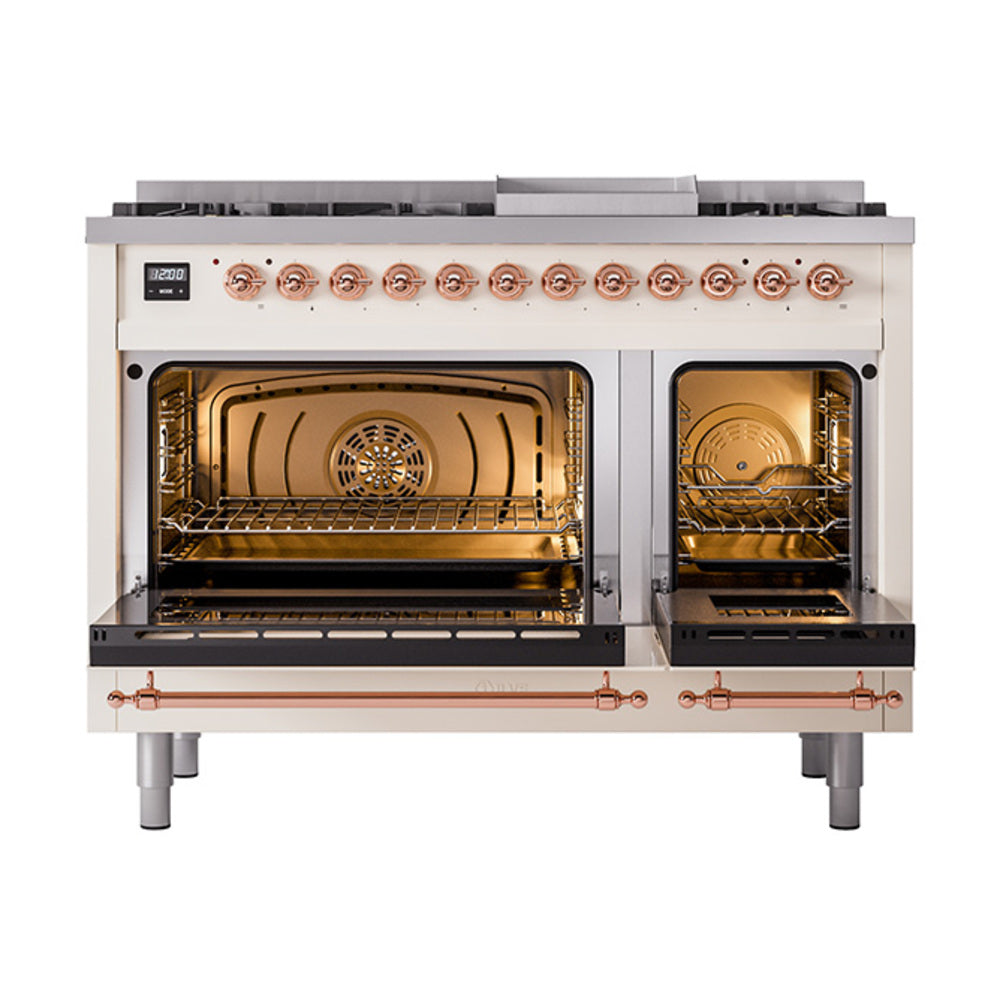 ILVE Nostalgie II Noblesse 48-Inch Freestanding Natural Gas Dual Fuel Range in Antique White with Copper Trim (UN48FNMPAWP)