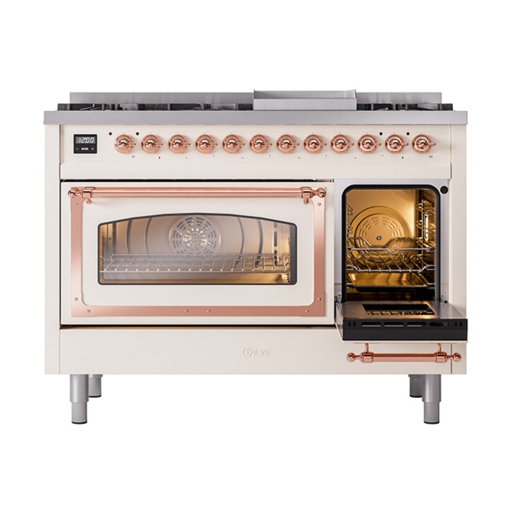 ILVE Nostalgie II Noblesse 48-Inch Freestanding Natural Gas Dual Fuel Range in Antique White with Copper Trim (UN48FNMPAWP)