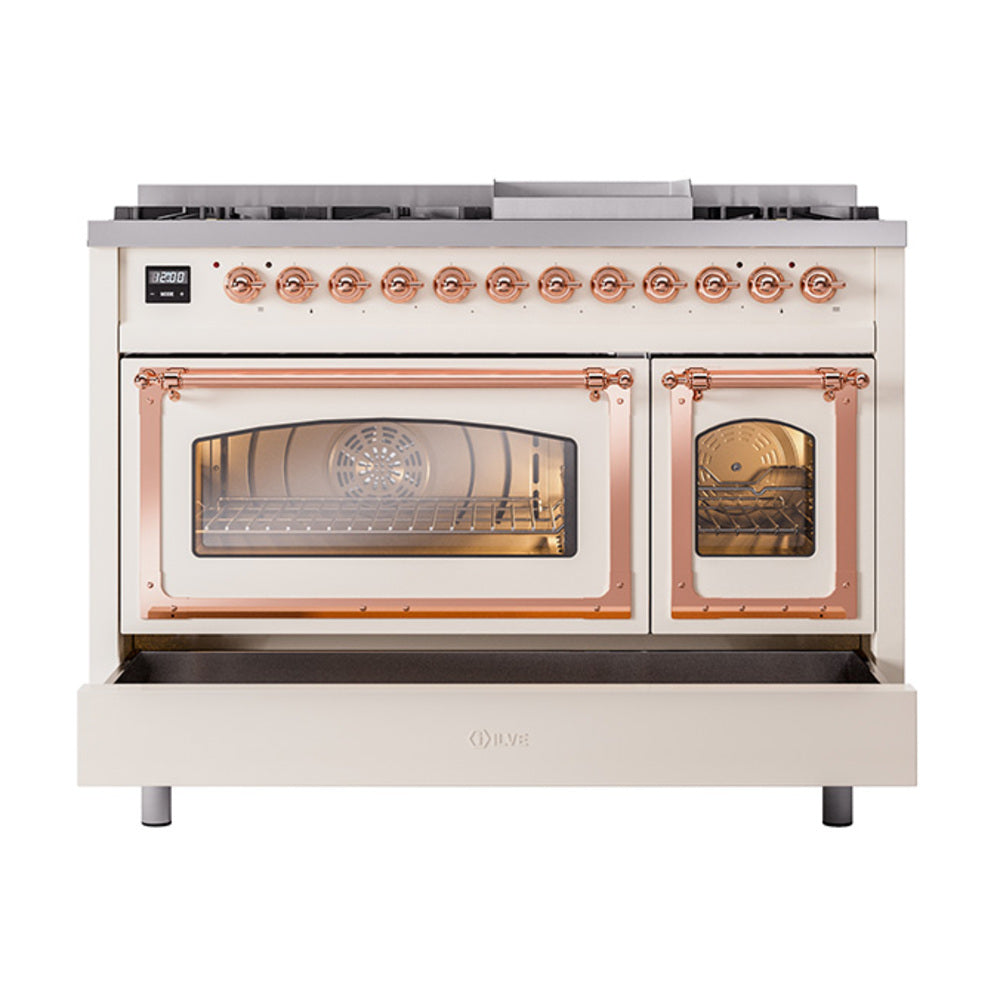 ILVE Nostalgie II Noblesse 48-Inch Freestanding Natural Gas Dual Fuel Range in Antique White with Copper Trim (UN48FNMPAWP)