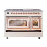ILVE Nostalgie II Noblesse 48-Inch Freestanding Natural Gas Dual Fuel Range in Antique White with Copper Trim (UN48FNMPAWP)