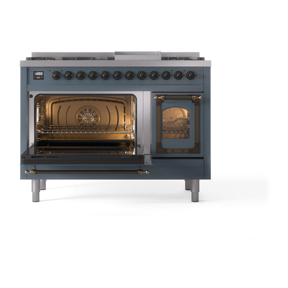 ILVE Nostalgie II Noblesse 48-Inch Freestanding Natural Gas Dual Fuel Range in Blue Grey with Bronze Trim (UN48FNMPBGB)