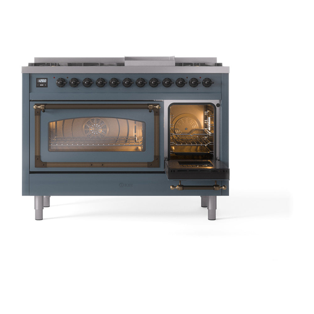 ILVE Nostalgie II Noblesse 48-Inch Freestanding Natural Gas Dual Fuel Range in Blue Grey with Bronze Trim (UN48FNMPBGB)