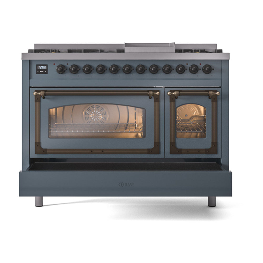 ILVE Nostalgie II Noblesse 48-Inch Freestanding Natural Gas Dual Fuel Range in Blue Grey with Bronze Trim (UN48FNMPBGB)
