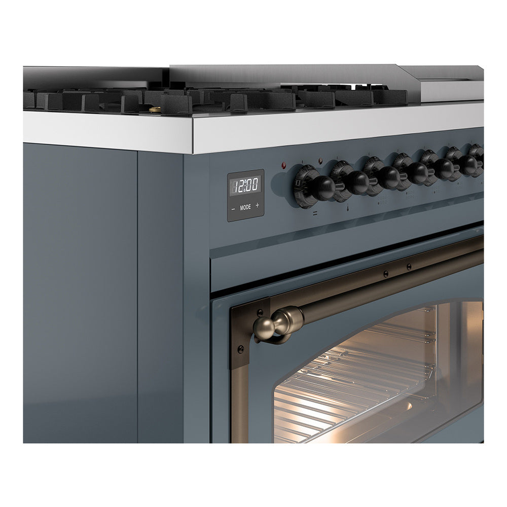 ILVE Nostalgie II Noblesse 48-Inch Freestanding Natural Gas Dual Fuel Range in Blue Grey with Bronze Trim (UN48FNMPBGB)