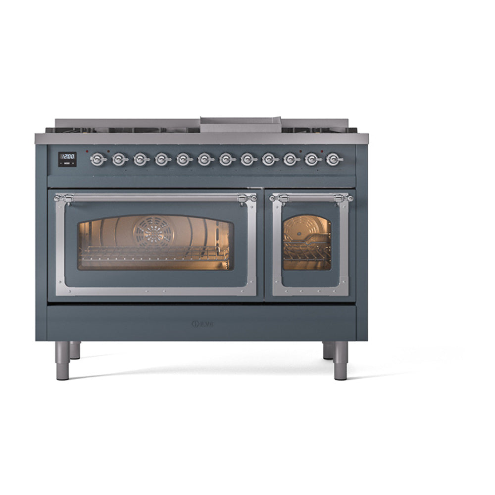ILVE Nostalgie II Noblesse 48-Inch Dual Fuel Freestanding Range in Blue Grey with Chrome Trim (UN48FNMPBGCLP)