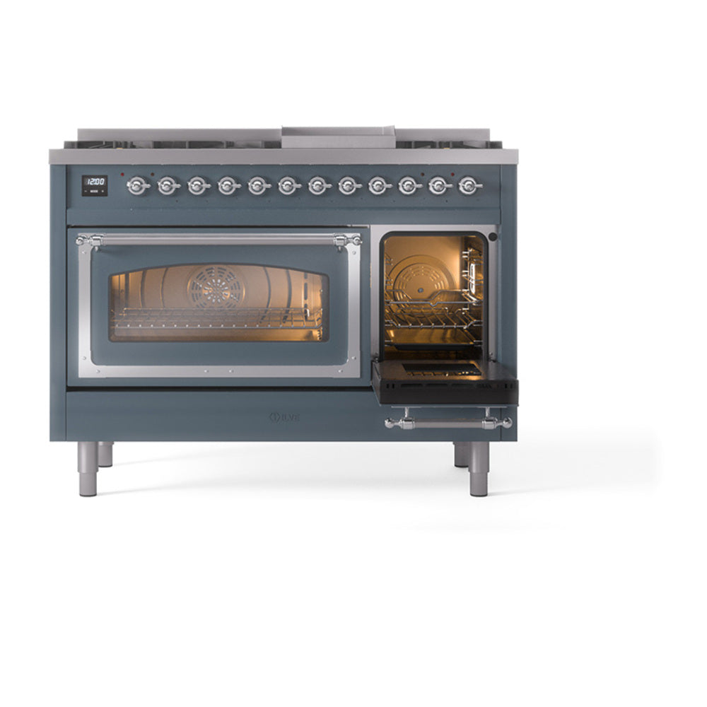 ILVE Nostalgie II Noblesse 48-Inch Dual Fuel Freestanding Range in Blue Grey with Chrome Trim (UN48FNMPBGCLP)