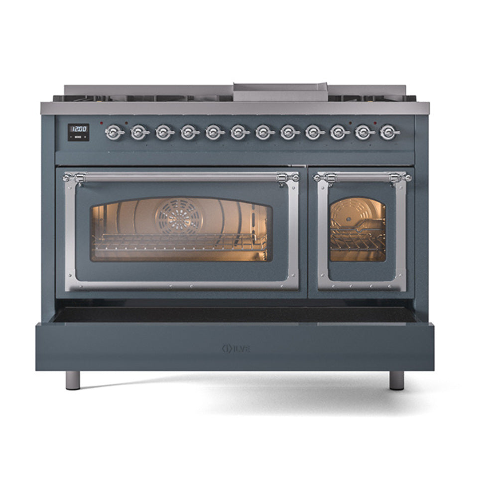 ILVE Nostalgie II Noblesse 48-Inch Dual Fuel Freestanding Range in Blue Grey with Chrome Trim (UN48FNMPBGCLP)