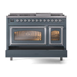 ILVE Nostalgie II Noblesse 48-Inch Dual Fuel Freestanding Range in Blue Grey with Chrome Trim (UN48FNMPBGCLP)