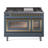 ILVE Nostalgie II Noblesse 48-Inch Freestanding Natural Gas Dual Fuel Range in Blue Grey with Brass Trim (UN48FNMPBGG)