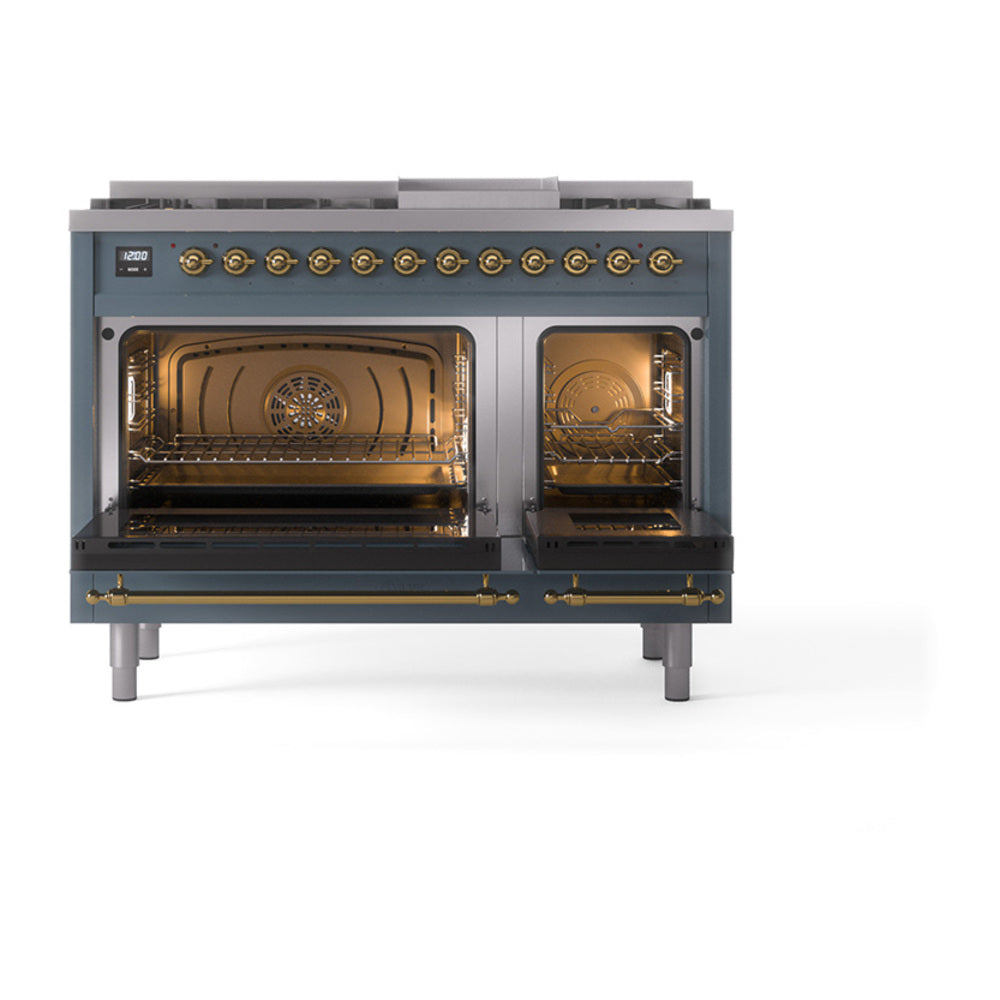 ILVE Nostalgie II Noblesse 48-Inch Freestanding Natural Gas Dual Fuel Range in Blue Grey with Brass Trim (UN48FNMPBGG)