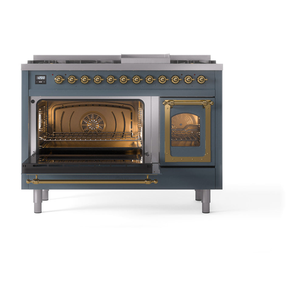 ILVE Nostalgie II Noblesse 48-Inch Freestanding Natural Gas Dual Fuel Range in Blue Grey with Brass Trim (UN48FNMPBGG)