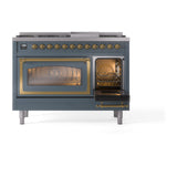 ILVE Nostalgie II Noblesse 48-Inch Freestanding Natural Gas Dual Fuel Range in Blue Grey with Brass Trim (UN48FNMPBGG)