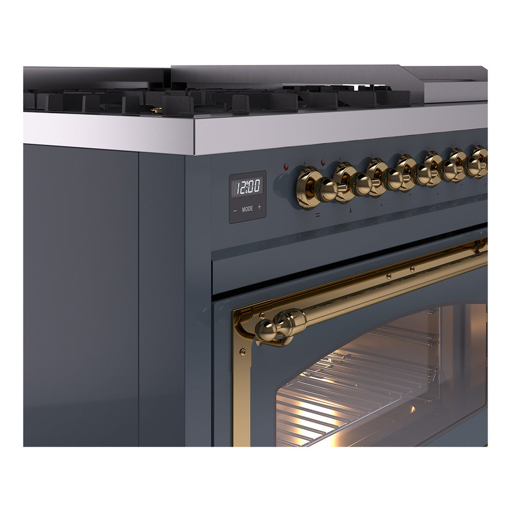 ILVE Nostalgie II Noblesse 48-Inch Freestanding Natural Gas Dual Fuel Range in Blue Grey with Brass Trim (UN48FNMPBGG)
