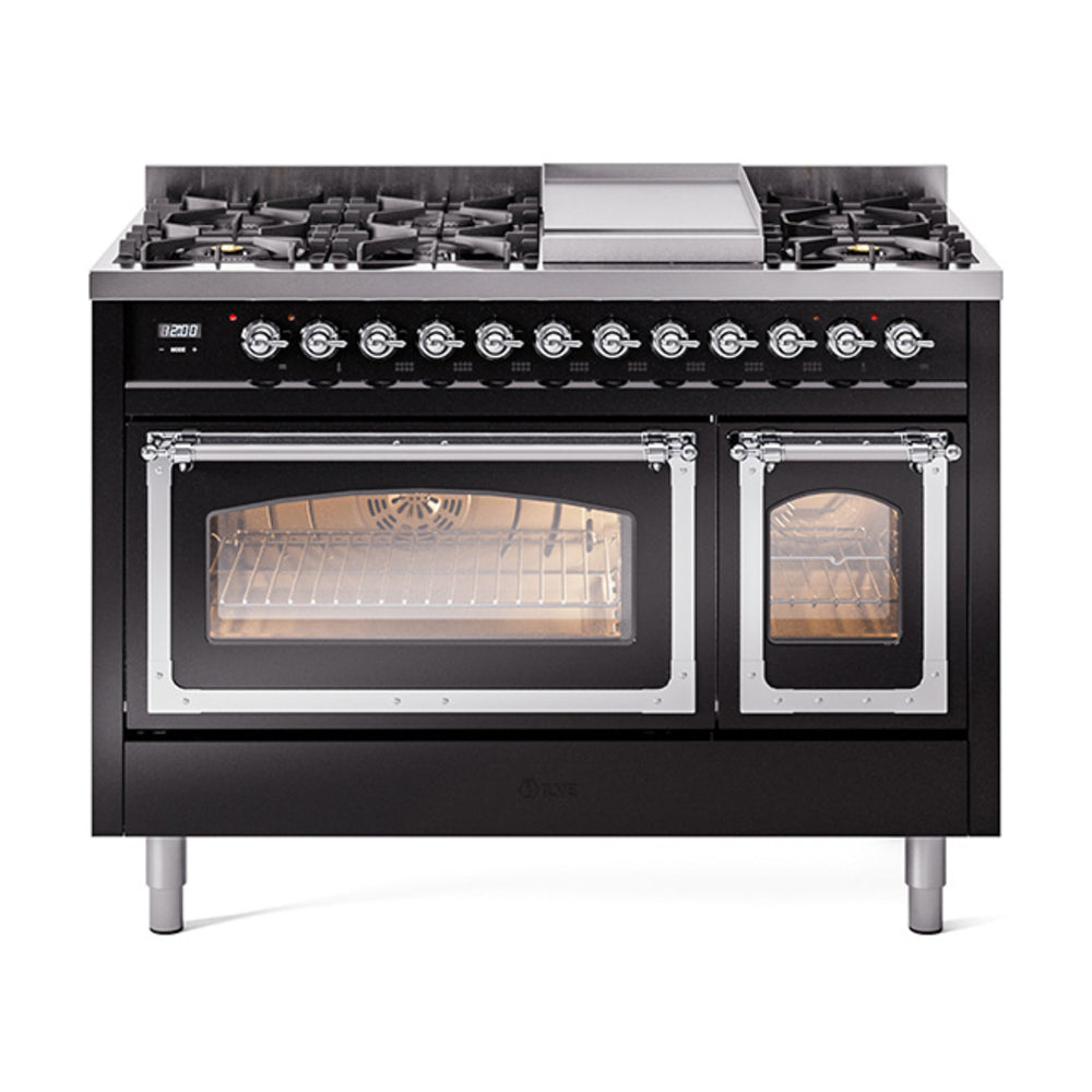 ILVE Nostalgie II Noblesse 48-Inch Freestanding Natural Gas Dual Fuel Range in Glossy Black with Chrome Trim (UN48FNMPBKC)