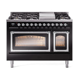ILVE Nostalgie II Noblesse 48-Inch Freestanding Natural Gas Dual Fuel Range in Glossy Black with Chrome Trim (UN48FNMPBKC)